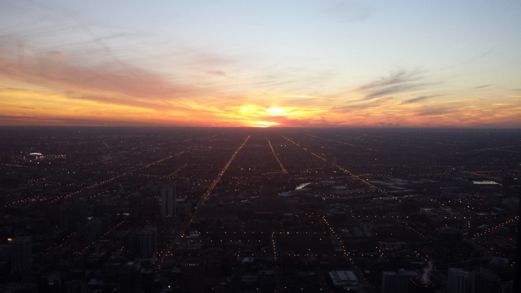 The greater Chicago area at dusk from the John Hancock Tower