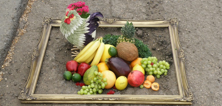 Fruit, vegetables, and a chicken in a pothole. Ode to Potholes at Nuit Blanche Edmonton 2015