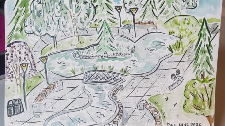 A watercolour illustration of Paul Kane Park full of lush green summer trees and a still pond in the centre of it all.