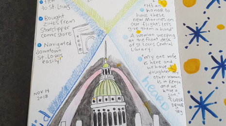 Illustration of the Gateway Arch behind the Old Courthouse. Did - bought comics at StarClipper, went for a walk in downtown St. Louis, Heard - an announcement for marines on an airplane, a woman crying in the library, saw - a magnificent mac n' cheese, and a movie.