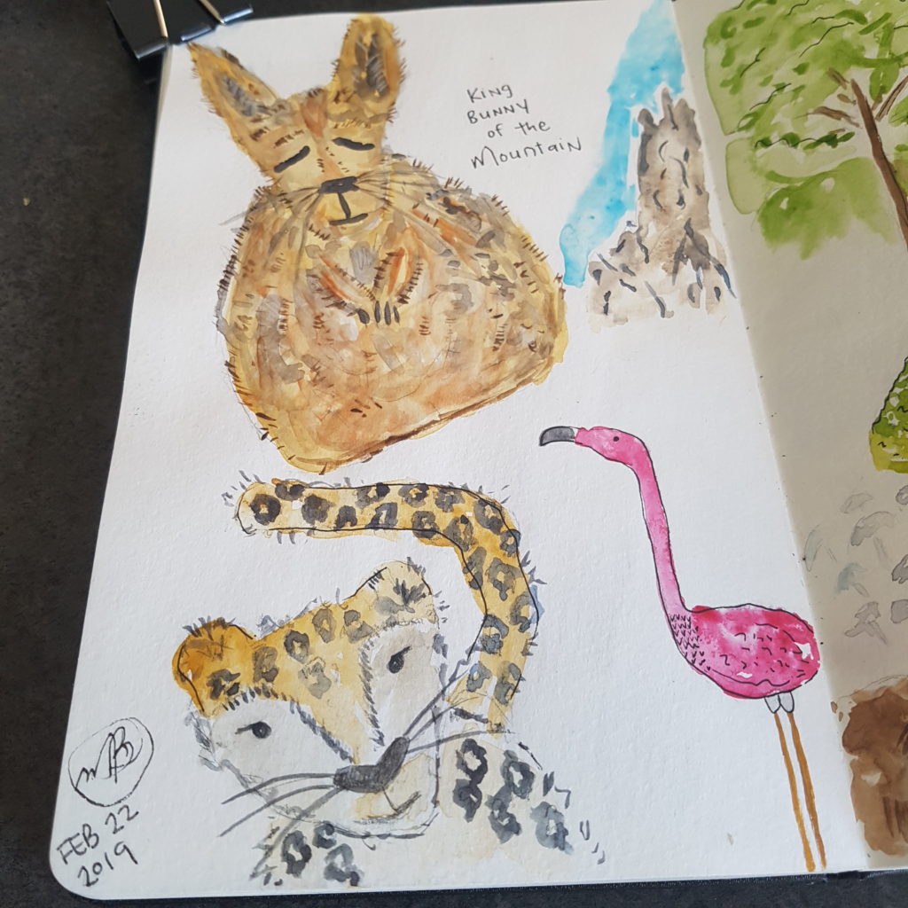 watercolor illustrations of a flamingo, cheetah and a snow bunny.