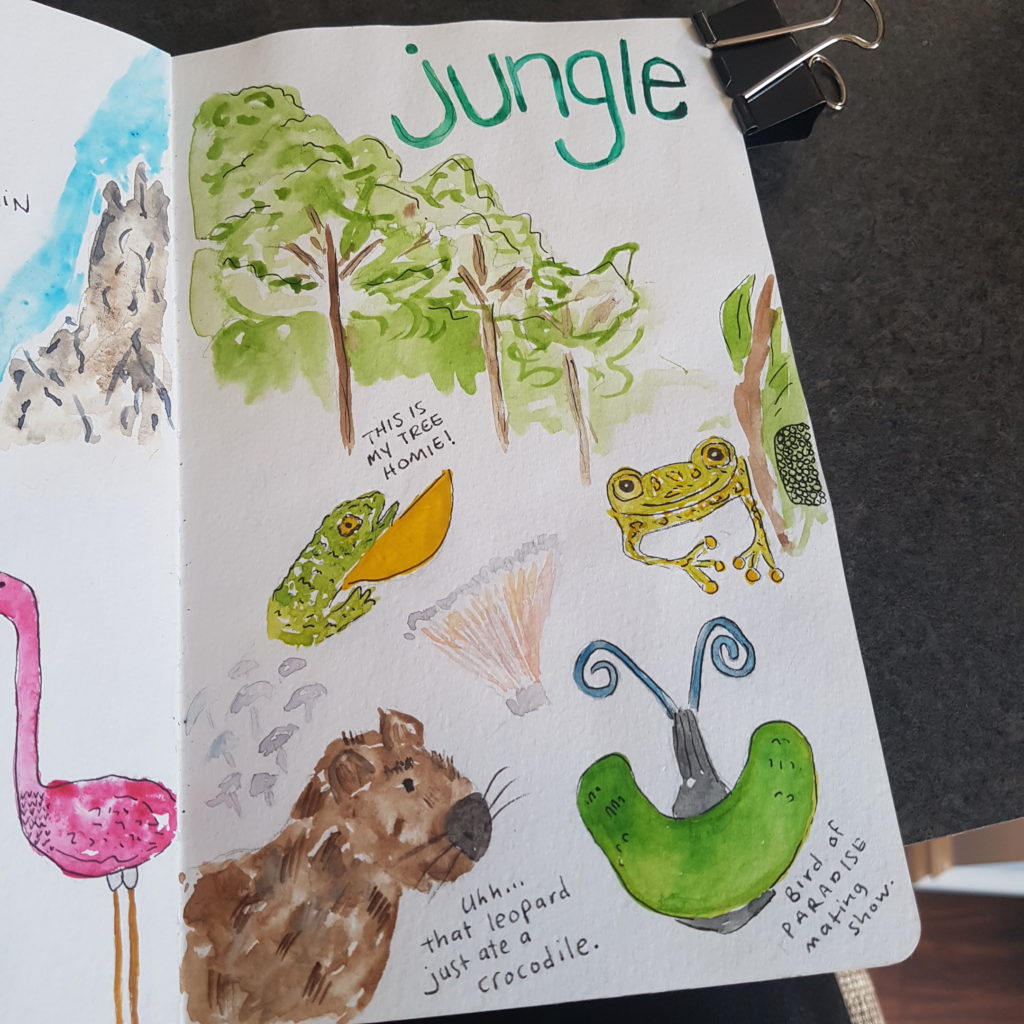 watercolor illustrations of jungle animals like a lizard, a tiny frig, a capybara and a bird of paradise during its mating dance.