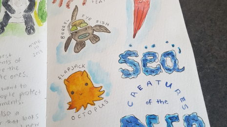 Illustration of a feather star, flapjack octopus, a barrel-eyed fish, and a cockeyed squid in watercolour.