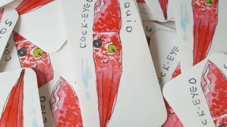 Clear, vinyl, die-cut watercolour sticker of a cock-eyed squid