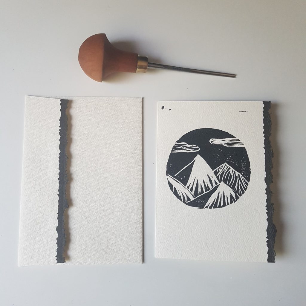 Black and white linocut blank card set with a pfeil carving tool