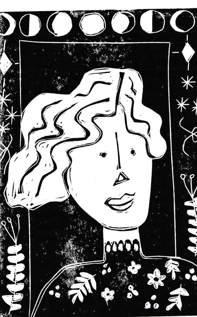 A linocut portrail of a woman with a border of the moon cycles and vines
