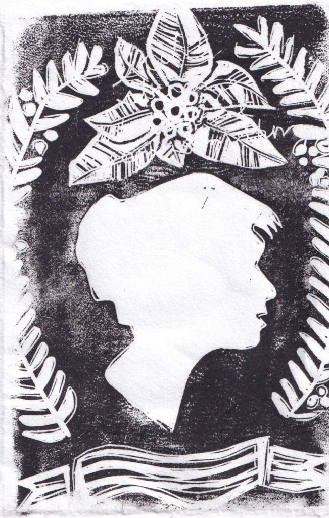 A victorian style portrait of a woman in profile, bordered by laurel and a poinsetta bloom