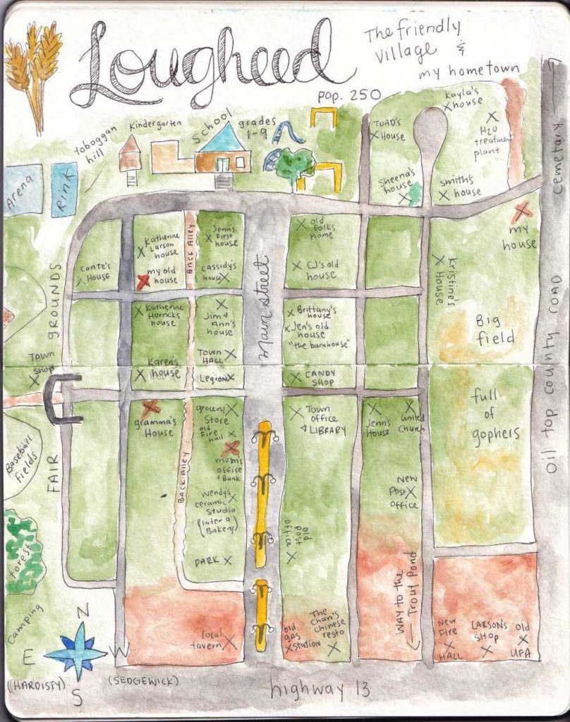 A watercolour map of the friendly village of Lougheed based on my childhood memories.