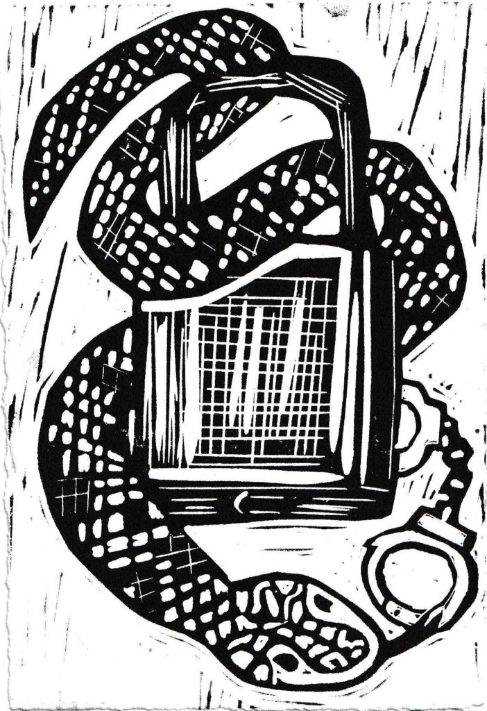 A linocut of a snake wrapping around a padlock and licking a set of handcuffs