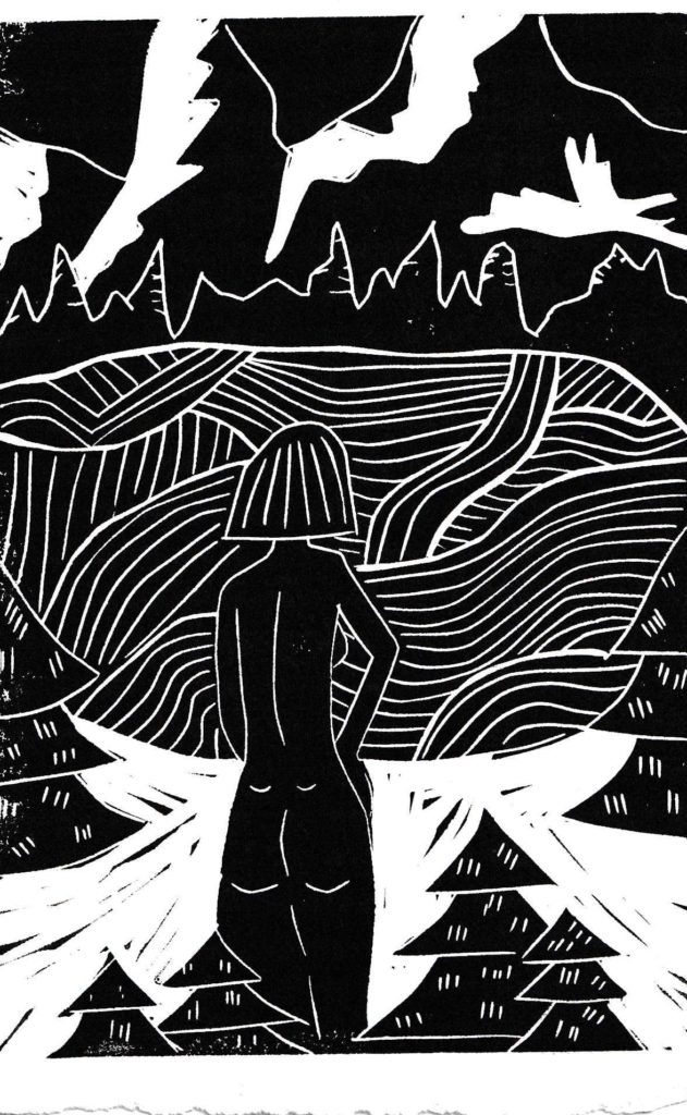 A linocut of a naked woman standing in a forest in front of a lake with mountains in the background