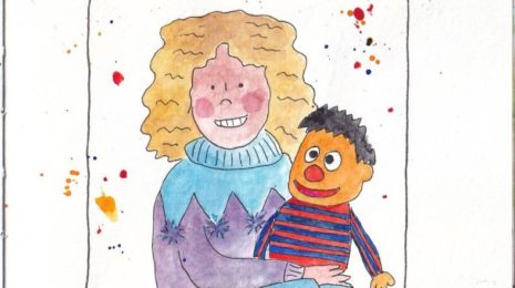 A watercolour portrait of Meredith at age 6, with a perm, holding a stuffie of Ernie from Sesame Street, and wearing a homemade wool sweater.