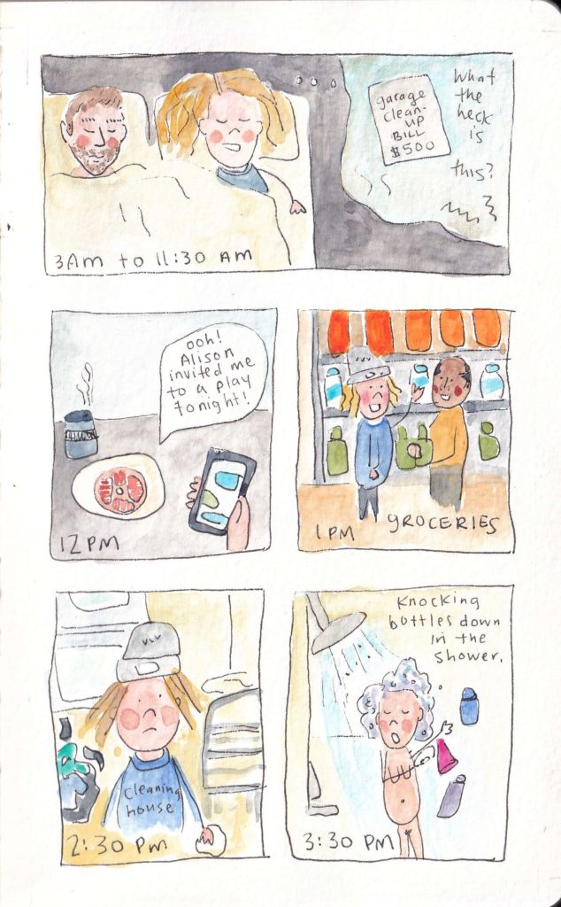 Page 2 of Hourly Comic Day on Feb 1, 2020. 3AM-11:30AM sleeping in and weird dreams, 12PM Alison invited me to a play, 1PM Grocery shopping and helping a man pick out bleach, 2:30PM Cleaning House, 3:30PM Shower before the play.