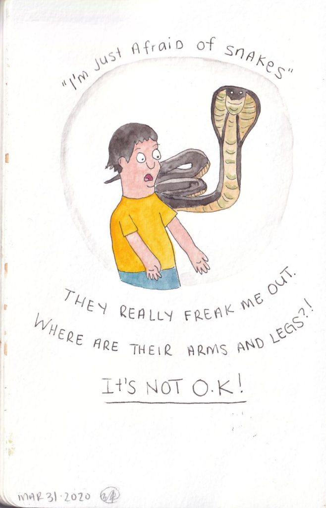 Gene from Bob's Burgers singing "I'm Just Afraid of Snakes". Stillshot watercolour drawing from the cartoon.