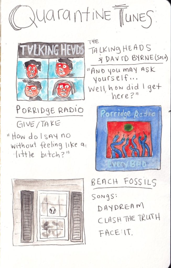 Quarantine Tunes with album covers in watercolour. The Talking Heads, Porridge Radio, Beach Fossils