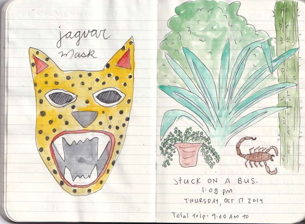 Jaguar Mask and a drawing of a scorpian in a Mexican garden with a giant aloe vera plant.