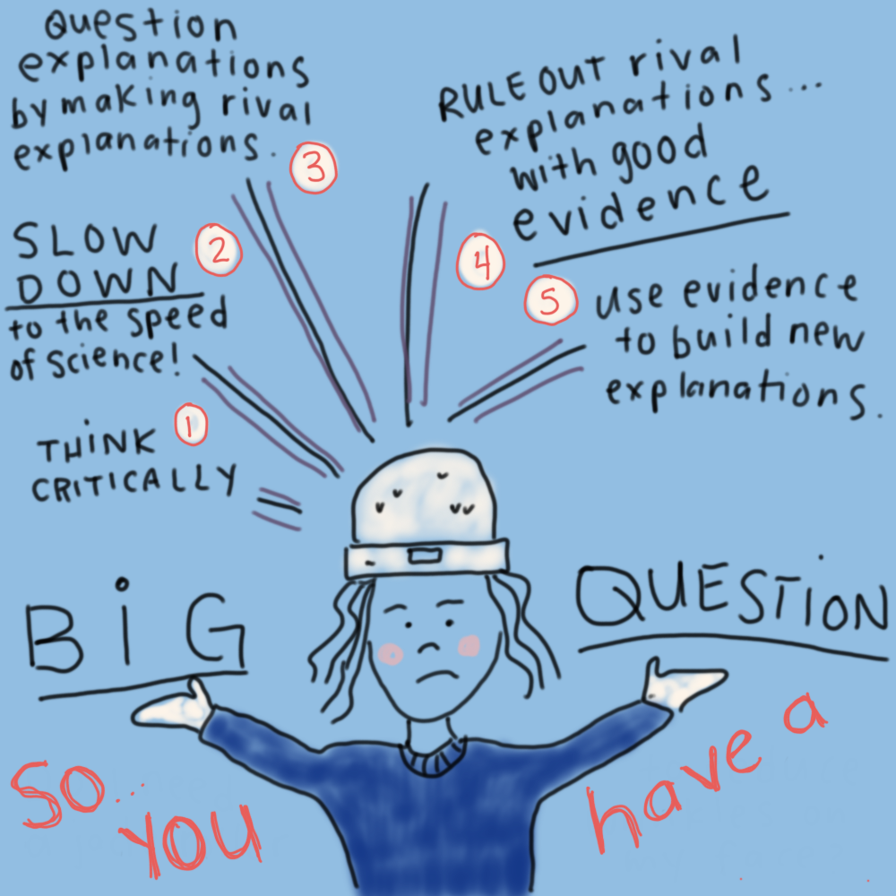 So, you have a big question. 1) think critically 2) Slow down to the speed of science 3) question explanations and create rival explanations, 4) gather evidence 5) analyze evidence.