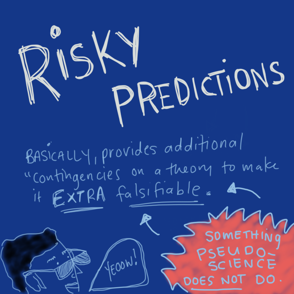 Risky Predictions - basically, they provide addition contingencies on a theory to make it EXTRA falsifiable. This is something pseudoscience doesn't do.
