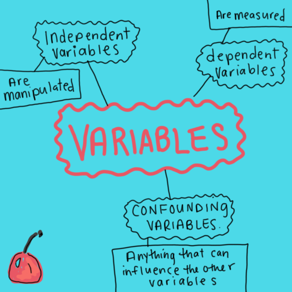 Variables! 3 types Independent variables that are manipulated. Dependent variables that are measured. and Confounding variables that are anything that can influence the other variables.