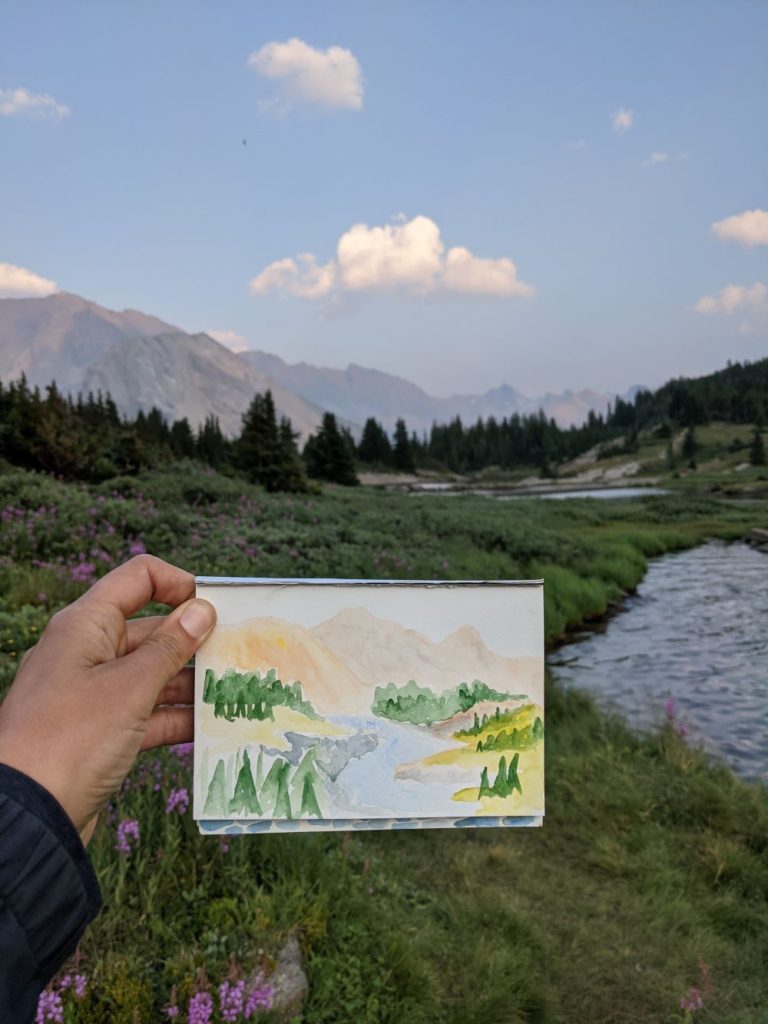 Photo of Baker Lake with my watercolour painting for comparison