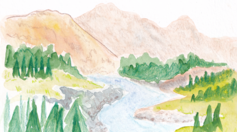 Watercolour landscape of Baker Lake. Mountains in the background and a river and trees in the foreground.