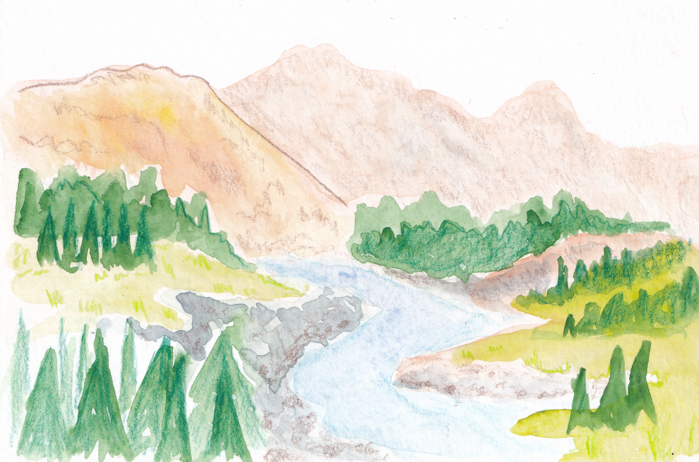 Baker Lake Watercolour painting with mountains in the background and river and trees in the foreground. 