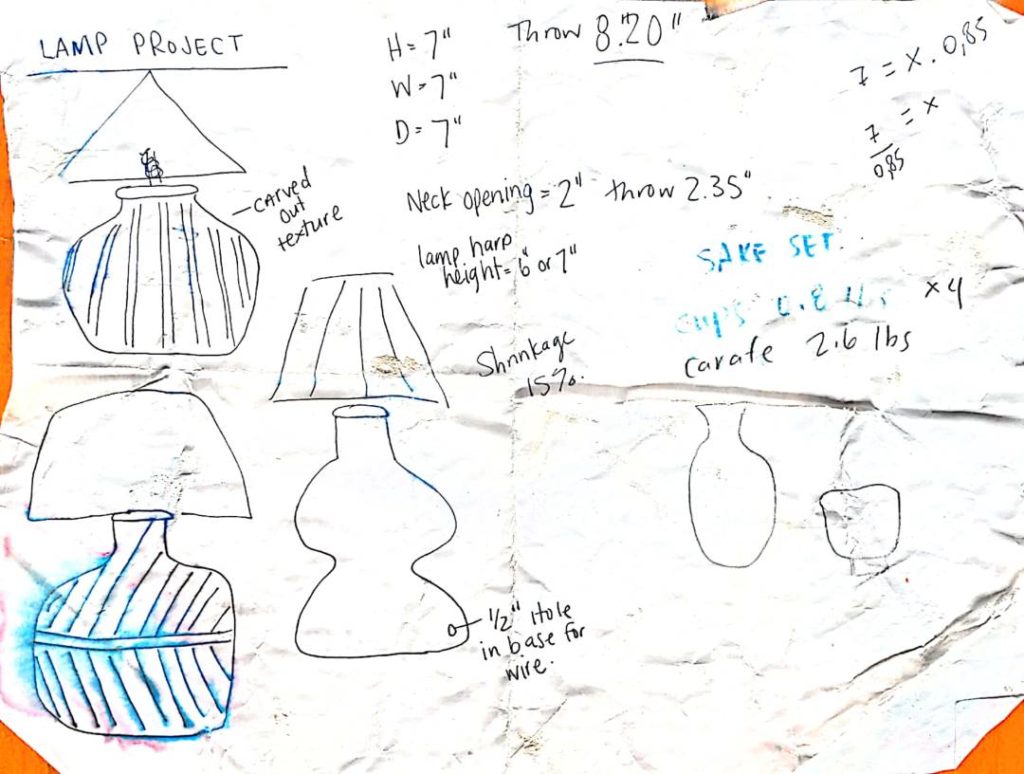 sketches for making a pottery table lamp with measurement calculations