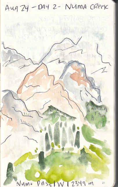Watercolour painting of the view of Numa Pass facing West.