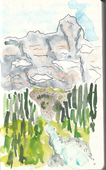 Watercolour painting of the river through Tumbling Pass campground.