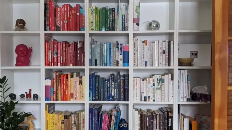 Book Wall in my Study where my favourite books are arranged by colour