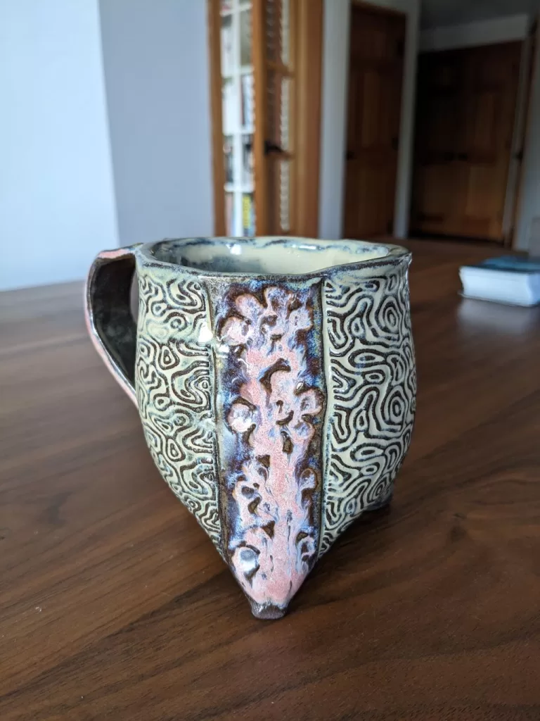 Three Footed Pottery Mug Design - flower and topography print pattern
