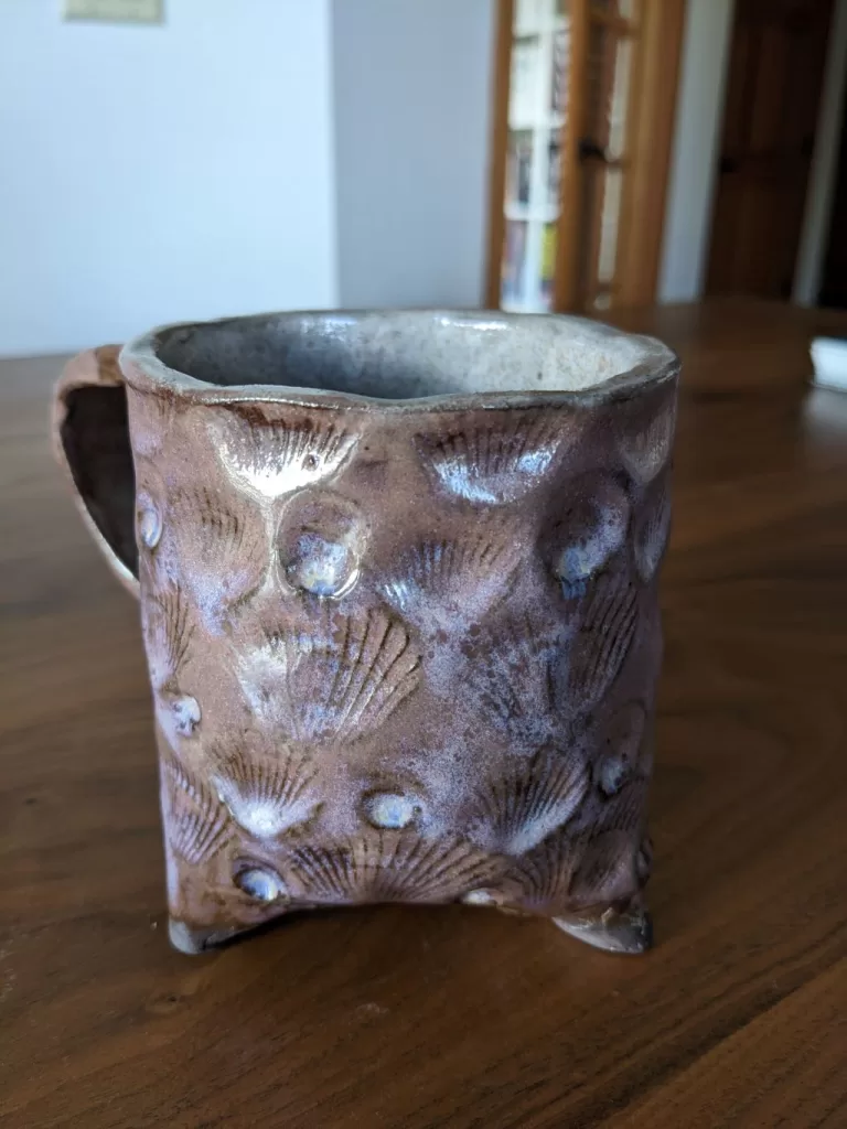 Three Footed Pottery Mug Design - with organic seashell print pattern